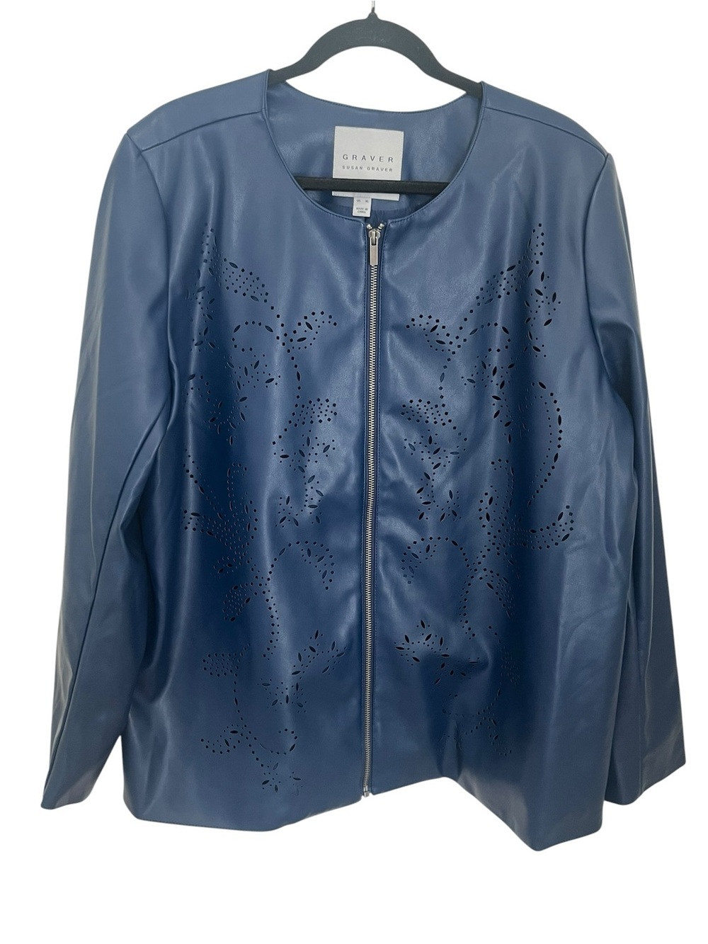 Susan Graver Navy Leather Zip-Front Jacket Sz XL